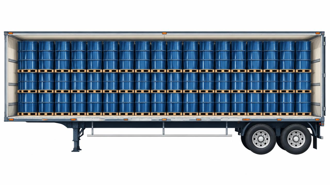 53-foot dry van trailer fully loaded with pallets of nested conical steel drums