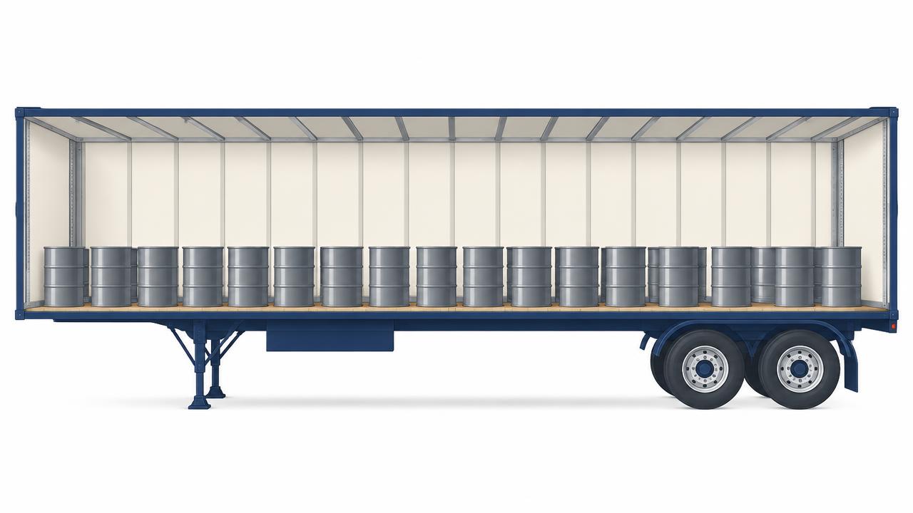 53-foot dry van trailer holding a single sparse layer of straight-sided cylindrical steel drums